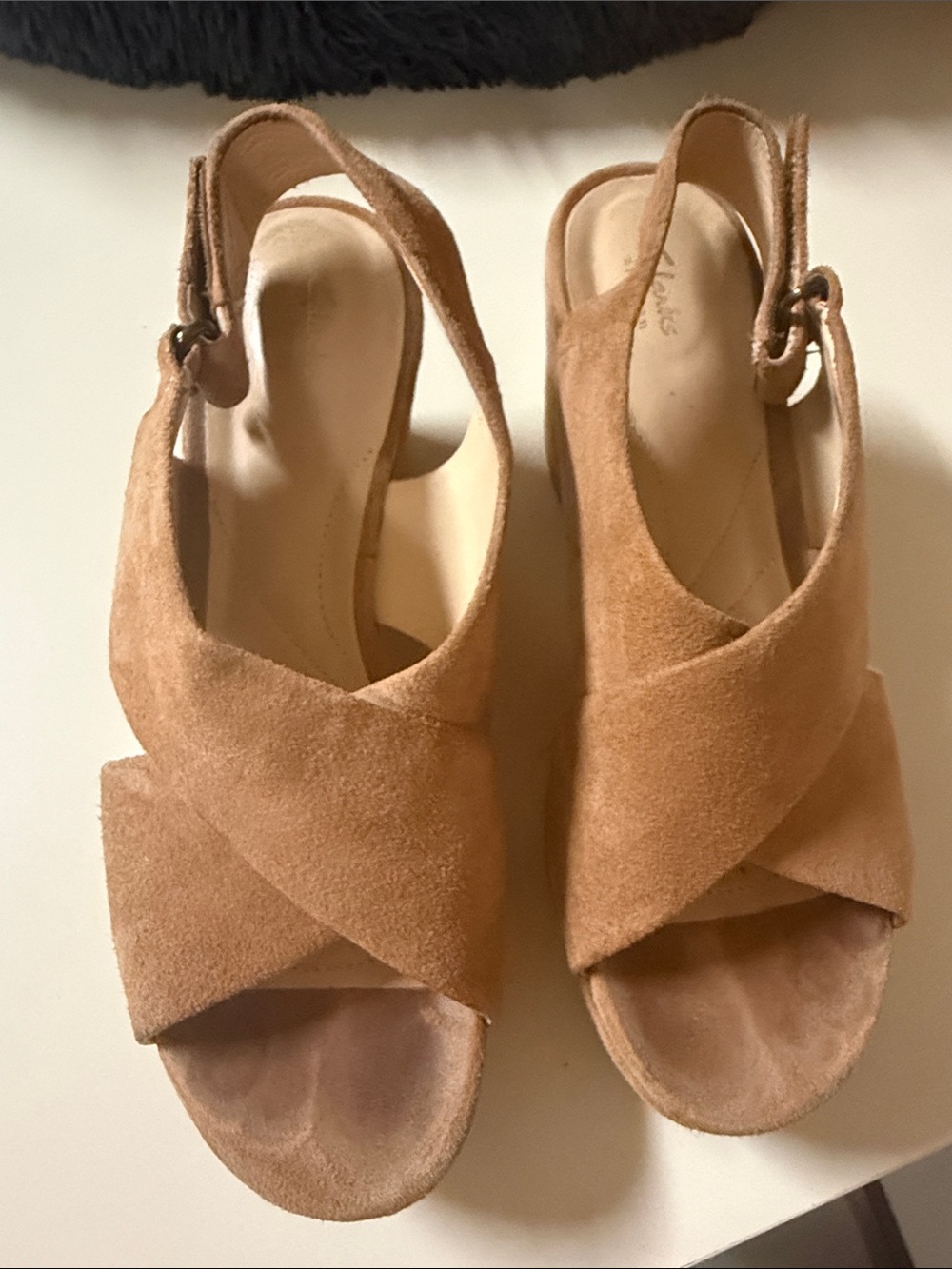 Clarks Tan Suede Crisscross Wedge Slingback Sandals